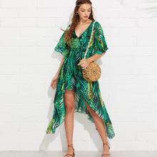 Shein Tropical Print Bell Sleeve Asymmetric Dress