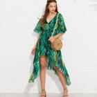 Shein Tropical Print Bell Sleeve Asymmetric Dress