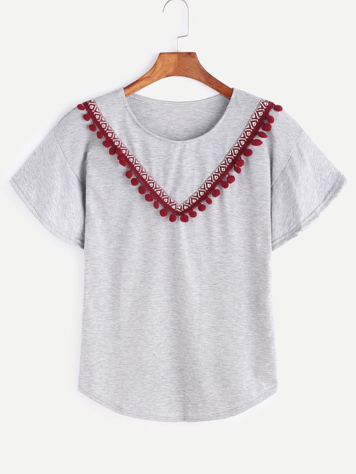 Shein Heather Grey Embroidered Tape Detail Pom Pom T-shirt