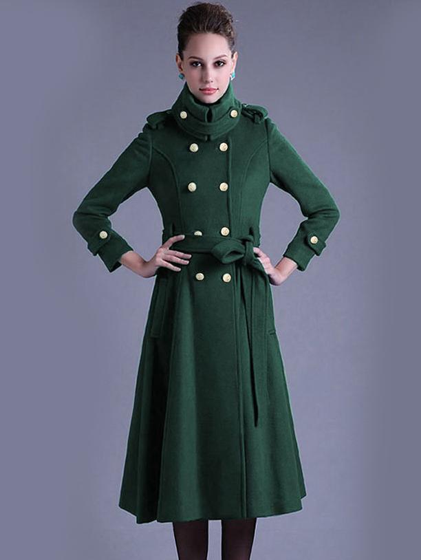 Shein Dark Green Lapel Double Breasted Woolen Coat