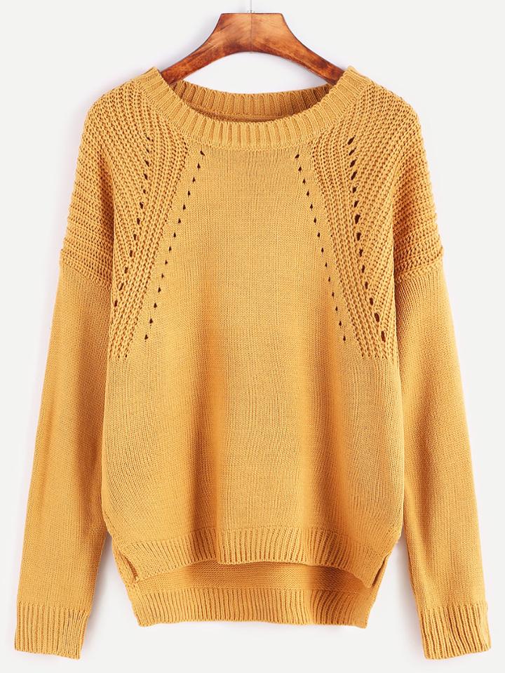 Shein Khaki Drop Shoulder Slit Side High Low Eyelet Sweater