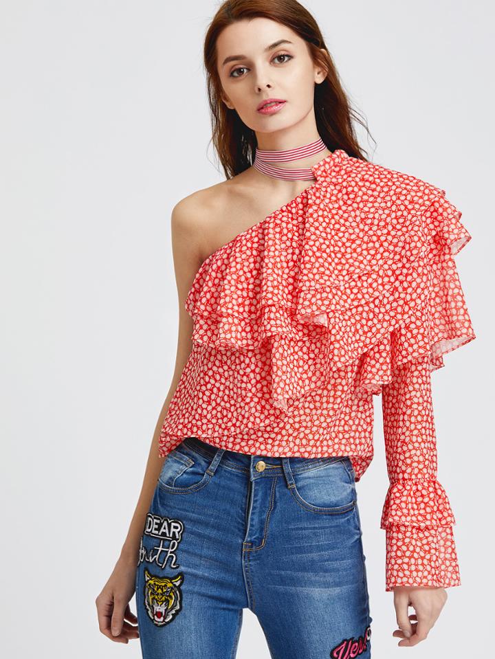 Shein One Shoulder Dot Print Layered Ruffle Top