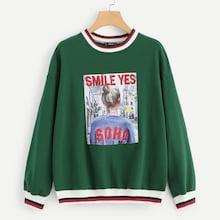 Shein Striped Trim Graphic Patch Sweatshirt