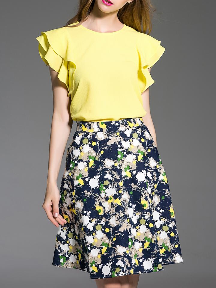 Shein Yellow Ruffle Sleeve Top With Print Skirt