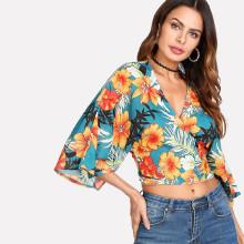 Shein Wrap Front Crop Tropical Top