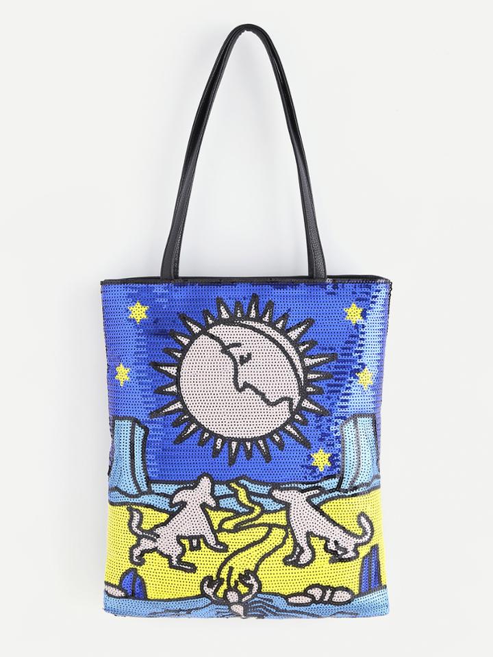 Shein Moon And Star Pattern Tote Bag With Sequin