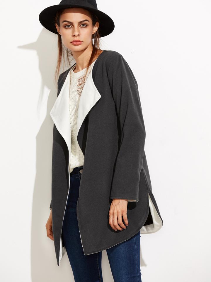 Shein Grey Contrast Lining Curved Hem Slit Side Coat