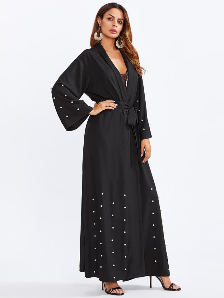 Shein Shawl Collar Pearl Embellished Self Belted Abaya