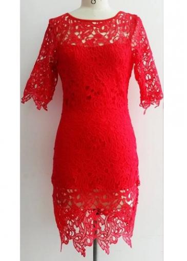 Rosewe Sexy Club Red Lace Round Neck Sheath Dress