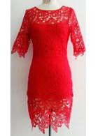 Rosewe Sexy Club Red Lace Round Neck Sheath Dress
