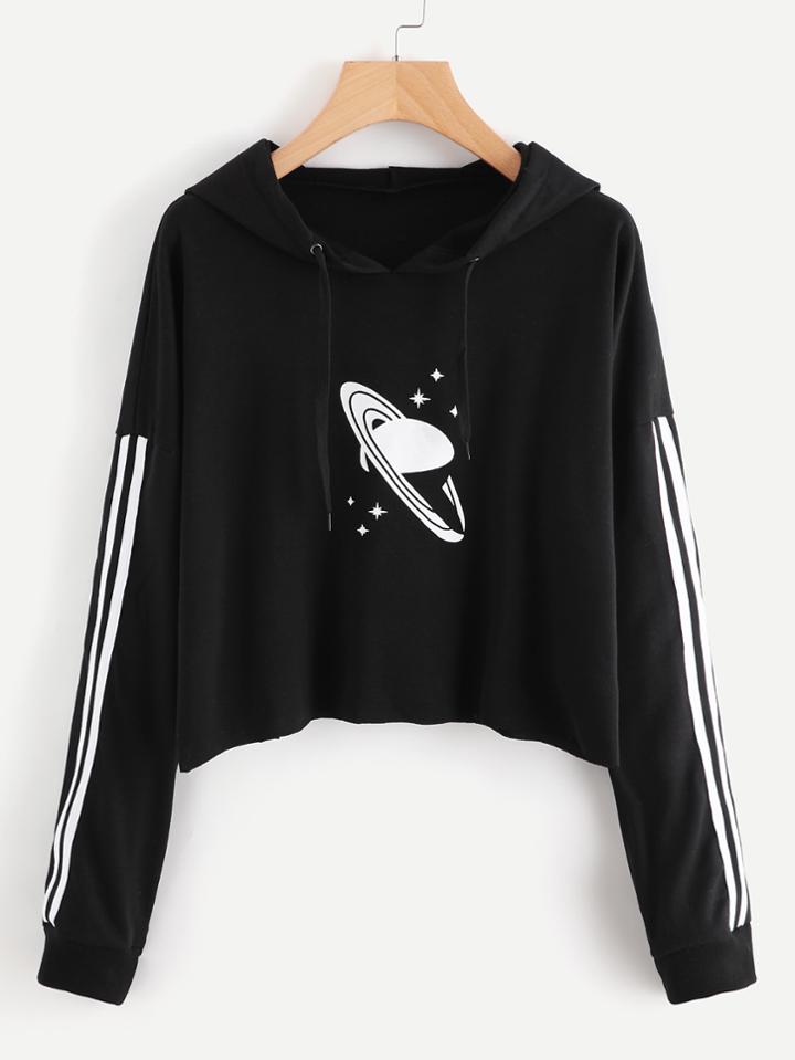 Shein Planet Print Tape Detail Raw Hem Hoodie