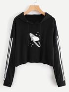 Shein Planet Print Tape Detail Raw Hem Hoodie