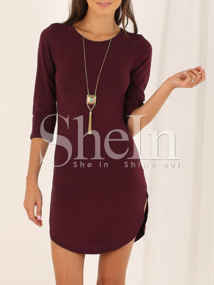 Shein Wine Red Oxblood Round Neck Split Casual Dress