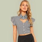 Shein Ruffle Trim V Cut Front Plaid Crop Shirt