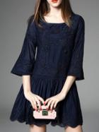 Shein Navy Bell Sleeve Embroidered Scallop Dress