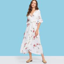 Shein Flounce Sleeve Surplice Wrap Belted Dress