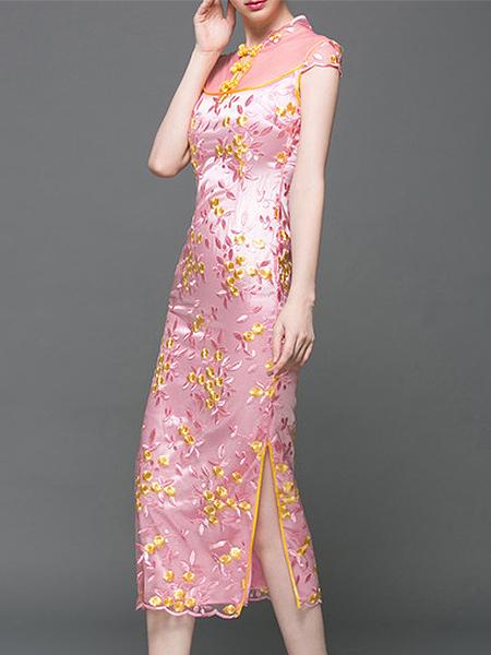 Shein Pink Gauze Embroidered Split Sheath Dress