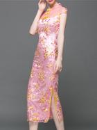 Shein Pink Gauze Embroidered Split Sheath Dress