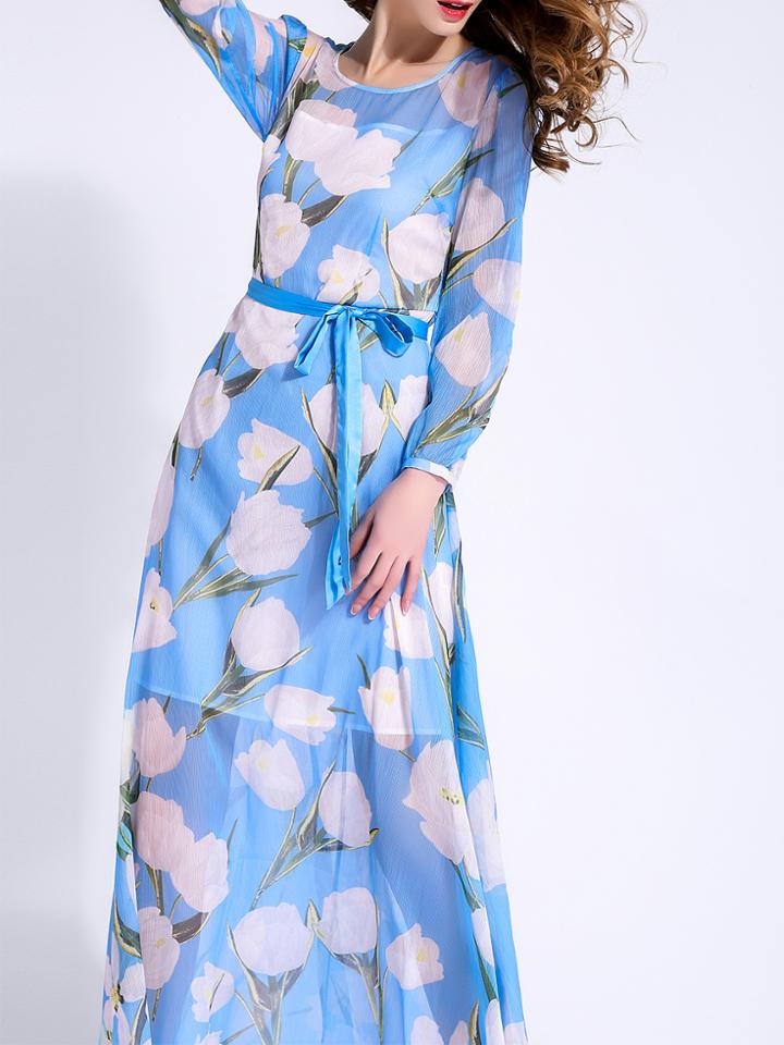 Shein Blue Print Tie-waist Maxi Dress