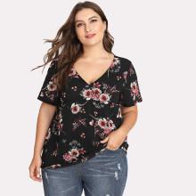 Shein Plus Floral Print Surplice Front Smock Top