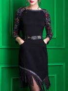 Shein Black Contrast Pu Jacquard Pockets Tassel Dress