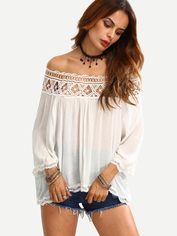 Shein Off The Shoulder Crochet Hollow Dip Hem T-shirt