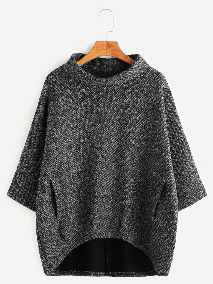Shein Dark Grey Turtleneck Dip Hem Pockets Sweatshirt
