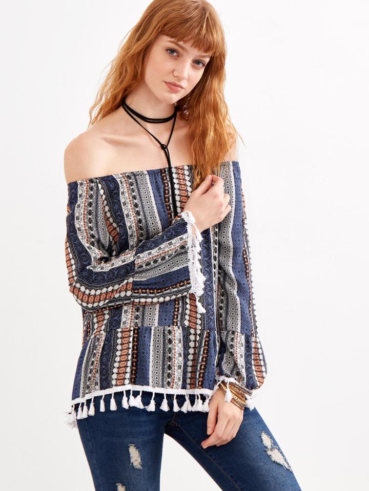 Shein Vintage Print Off The Shoulder Fringe Top