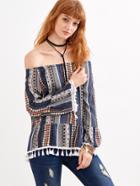 Shein Vintage Print Off The Shoulder Fringe Top