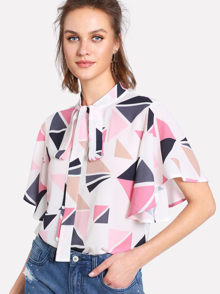 Shein Tie Neck Geometric Print Flutter Sleeve Top