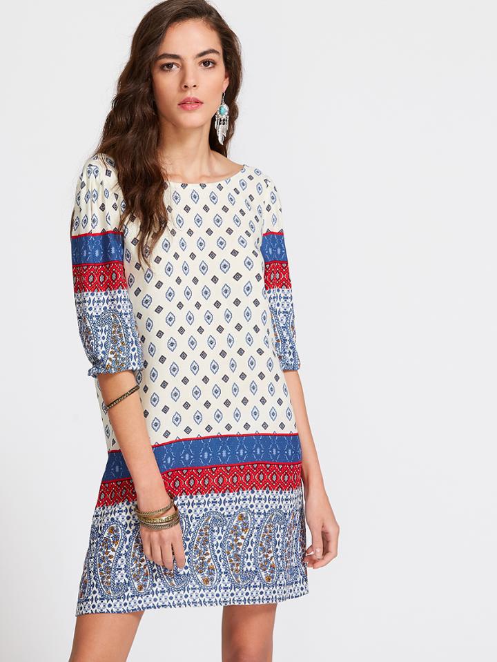 Shein Multicolor Paisley Print V Back 1/2 Sleeve Tunic Dress