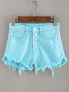 Shein Frayed Buttoned Fly Denim Shorts - Baby Blue