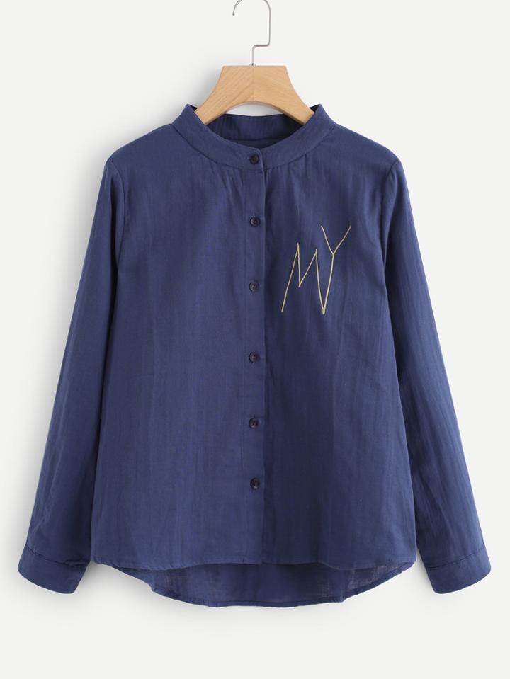 Shein Slogan Embroidery Dip Hem Blouse