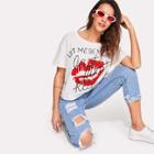 Shein Letter And Red Lip Print Tee