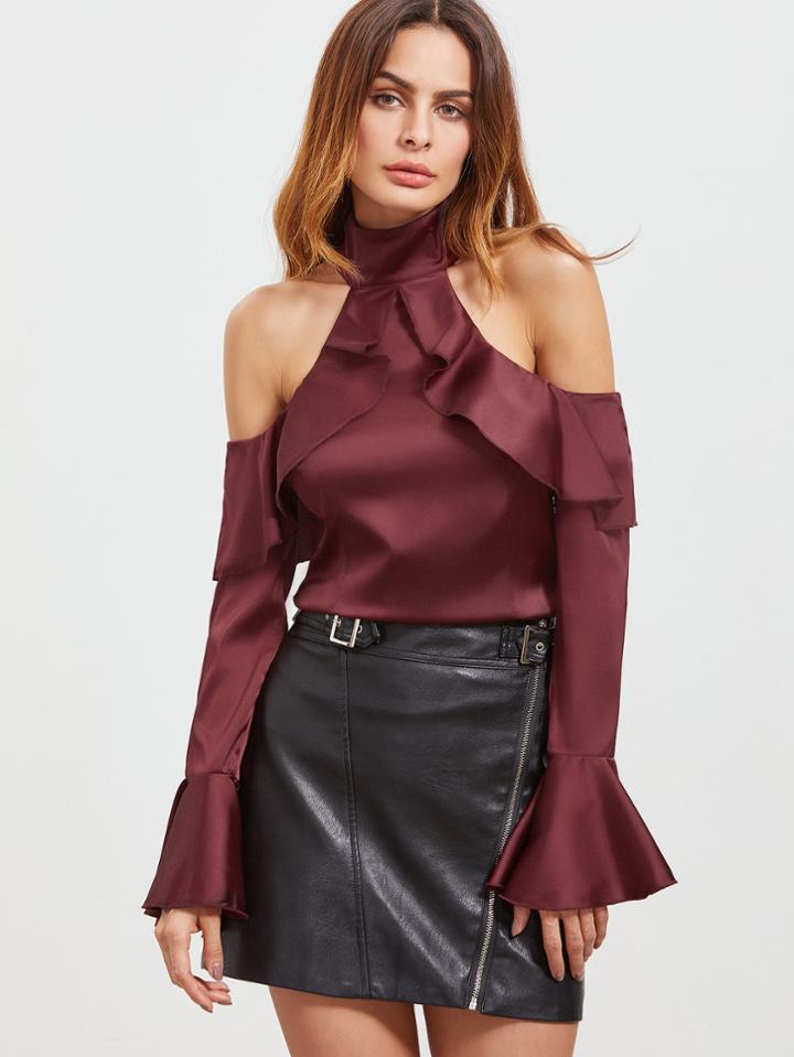Shein Cold Shoulder Bell Sleeve Zipper Back Ruffle Top