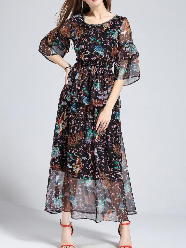 Shein Beading Neck Bell Sleeve Print Dress