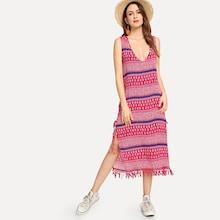 Shein Lace Hem Drawstring Side Striped Dress