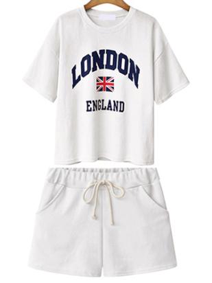 Shein Letter Print T-shirt With Drawstring Shorts - White