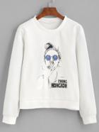 Shein White Girl Print Sweatshirt