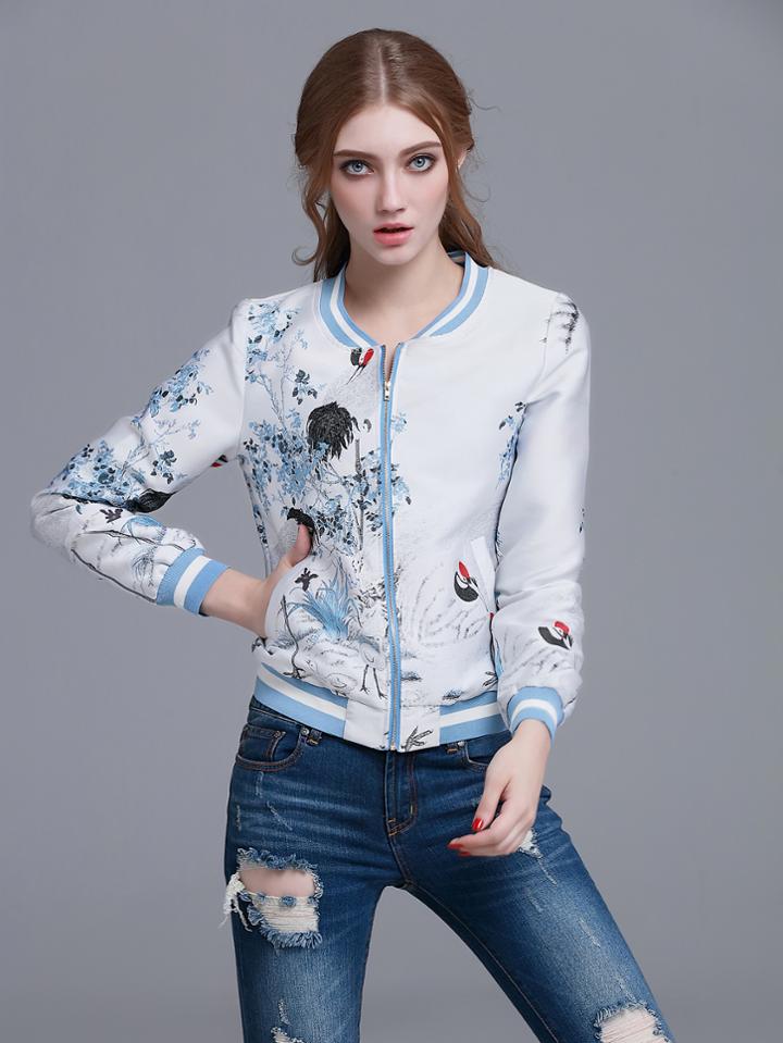 Shein Blue Striped Trim Crane Embroidery Jacket