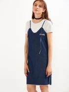 Shein Blue Embroidered Contrast Trim Slit Side Denim Slip Dress