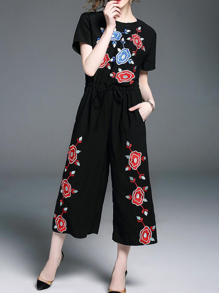 Shein Flowers Embroidered Drawstring Pockets Jumpsuit
