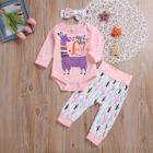 Shein Toddler Girls Cartoon Print Button Jumpsuit & Pants & Headband