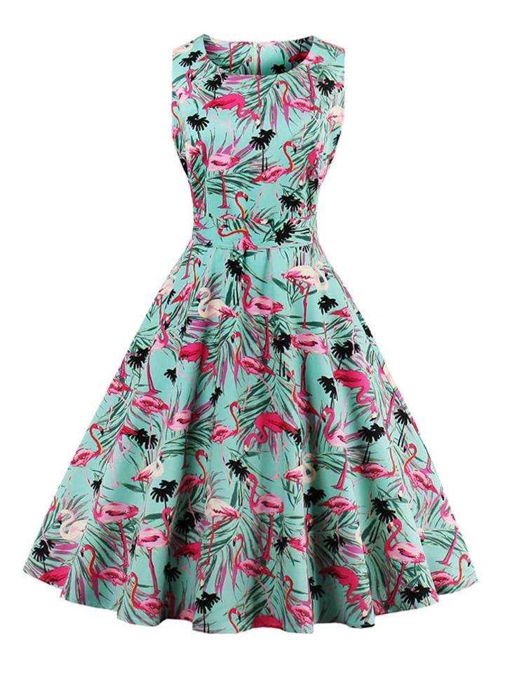 Shein All Over Flamingo Print Bow Tie Back Circle Dress