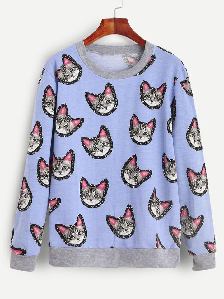 Shein Blue Cat Print Constrast Trim Sweatshirt