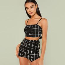 Shein Grid Crop Cami Top & Overlap Front Shorts Set