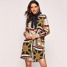 Shein Tie Neck Ornate Print Button Dress