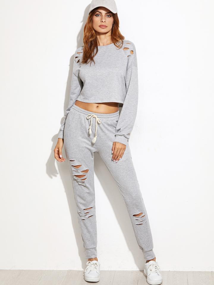 Shein Heather Grey Ripped Crop Top With Drawstring Waist Pants
