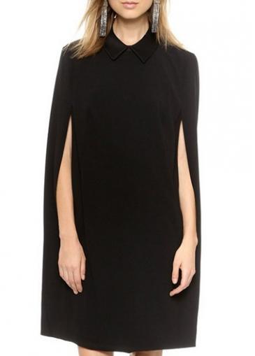 Rosewe Laconic Solid Black Turndown Collar Long Sleeve Dress