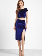 Shein Royal Blue Twist V Back Velvet Top With Split Pencil Skirt